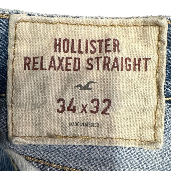Hollister Mens 34x32 Relaxed Straight Leg Jeans Light Wash Distressed Denim - Picture 7 of 16